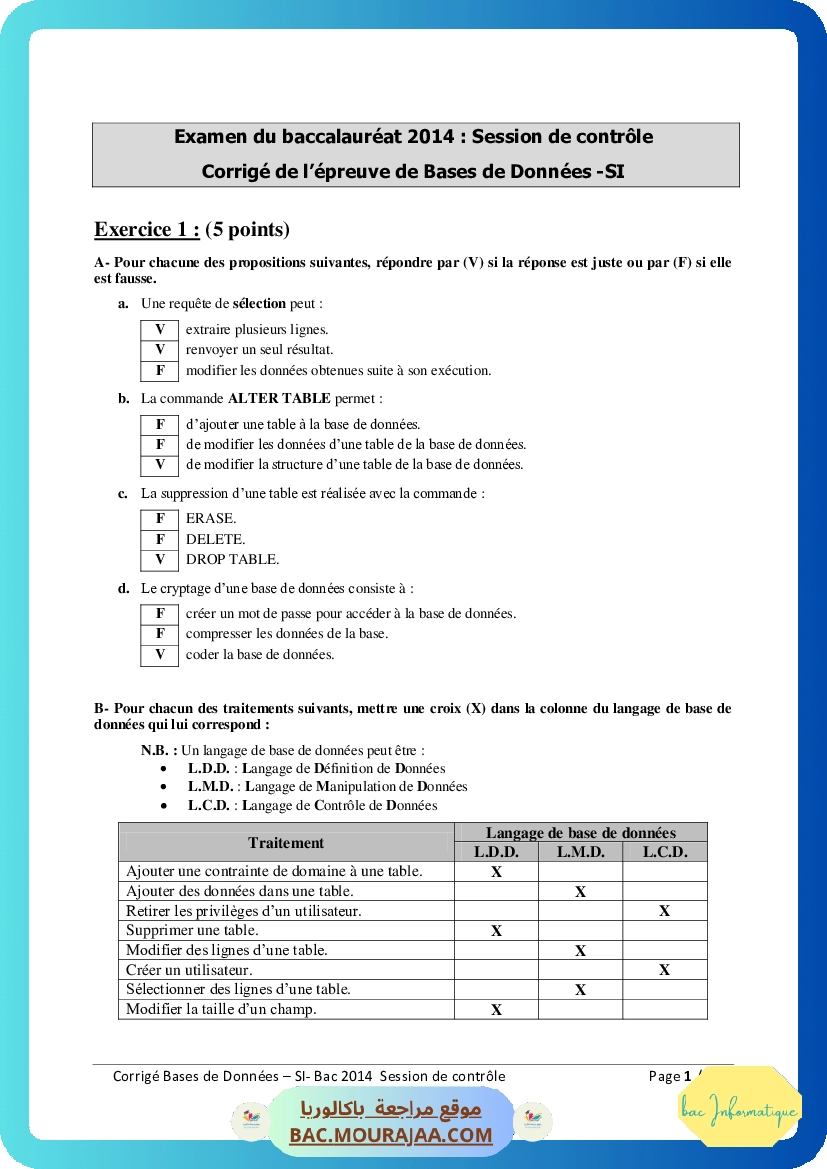 Corrigé controle bd Bac 2014 – Section info